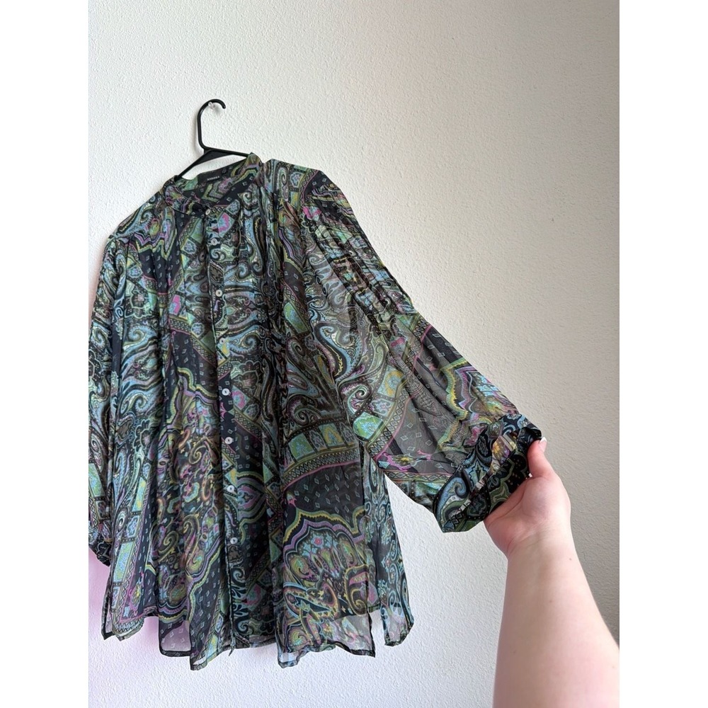 Andrea Black Multi Color Paisley Sheer Button Down Blouse Top Size 48 Floral - Picture 3 of 8